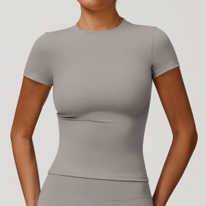 Frost Grey High Neck Stretchy Short Sleeve Workout Top