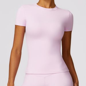 Lilac Pink High Neck Stretchy Short Sleeve Workout Top