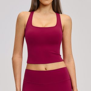 Cherry Red Square Neck Stretchy Workout Tank