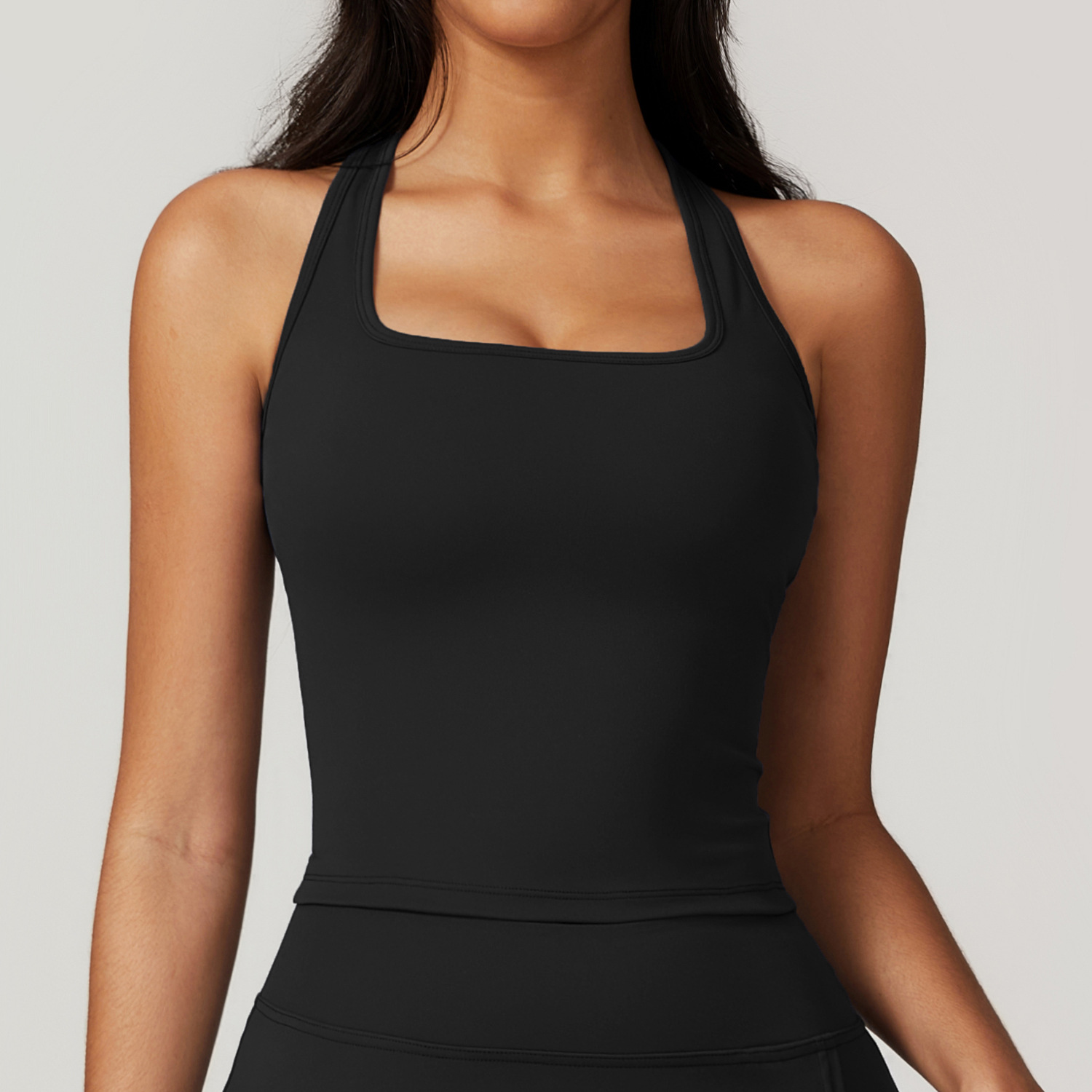 Premium Black Square Neck Stretchy Workout Tank